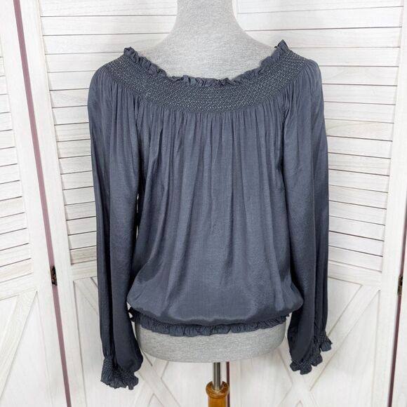 Nine West Smocked Charm Detail On Off Shoulder Peasant Blouse Blue Grey Medium - Picture 5 of 13